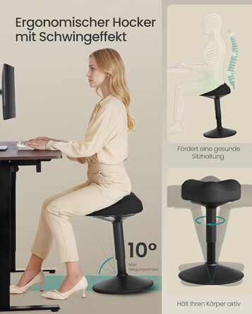 SONGMICS Стілець-табурет для стоячи, регульований по висоті, 48-65.5 см, чорний, OSC018BH01. Активний стул для офісу та дому.