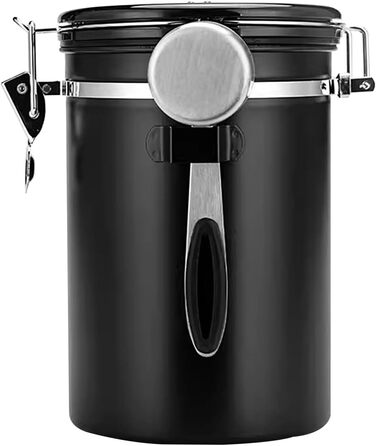 Герметична кавова банка з нержавіючої сталі, 1,8L, з датчиком дати, CO2-вентилем та мірною ложкою, для кави, чаю, горіхів, какао, чорна