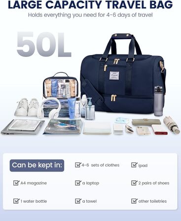 Спортивна сумка LOVEVOOK: дорожня/пляжна сумка, weekender, з кишенями для взуття та мокрого одягу, водонепроникна, для подорожей, відпочинку, спорту, зелена (L, синя)