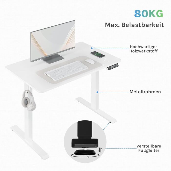 Електричний регульований стіл WOLTU - комп'ютерний стіл з USB-портом та функцією пам'яті, 160x75 см, білий + білий