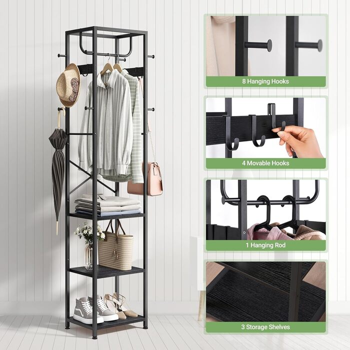 Вішалка для одягу ELYKEN, напольна, з 3 полицями та 12 гачками, для спальні, прихожей, офісу, чорна