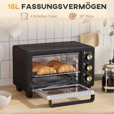 Міні-духовка HOMCOM 16 л, 1400 Вт, міні-духовка 100-230°C, таймер на 60 хв, з решіткою для гриля та деко, піч для піци з ручкою для підноса, знімний піддон для крихт Чорний | Aosom