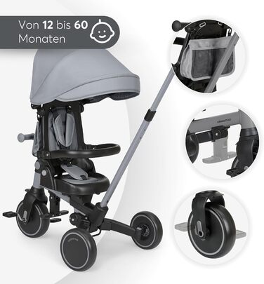 KikkaBoo Триколісний велосипед 8-в-1 з ручкою для батьків Aluma (Сірий) від 1 року. Дитячий велосипед з поворотним сидінням, ремені безпеки, алюмінієва рама