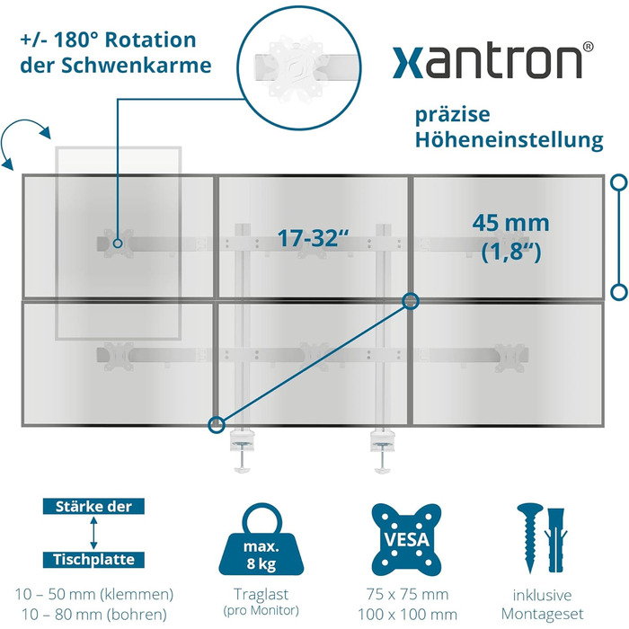 Кріплення для монітора Xantron® ECO-E62: підходить для моніторів 17-32 дюймів, VESA 75x75 & 100x100, для плоских та вигнутих моніторів, комплект з монтажним матеріалом (6 моніторів)