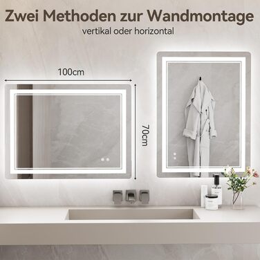 Дзеркало для ванної кімнати з підсвічуванням 70x50 см, LED, Smart, антизапар, 3 кольори, регулювання яскравості, горизонтальне/вертикальне кріплення