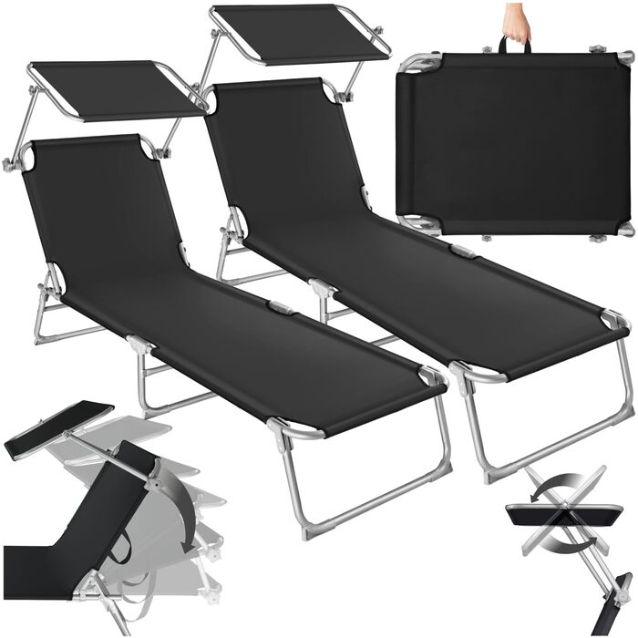 Шезлонги для саду Tectake (2 шт.) з сонцезахистом, розкладні, для балкона/тераси, регульована спинка, до 110 кг, чорний