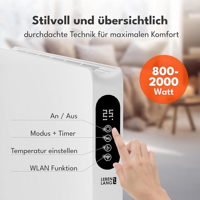 Електричний конвекторний обігрівач LEBENLANG з Wi-Fi, 2000W, білий. Економія енергії, дистанційне керування, підлоговий/настінний монтаж