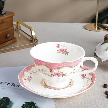 Набір чайних чашок і блюдець fanquare, квіткова кавова чашка з набором тарілок, англійська чашка для чаю, 200 мл (рожева)