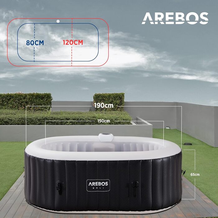 Надувний джакузі Arebos Whirlpool з LED-підсвіткою та підігрівом, 190x120 см, 90 масажних форсунок, 550 л, для 2 осіб, з кришкою