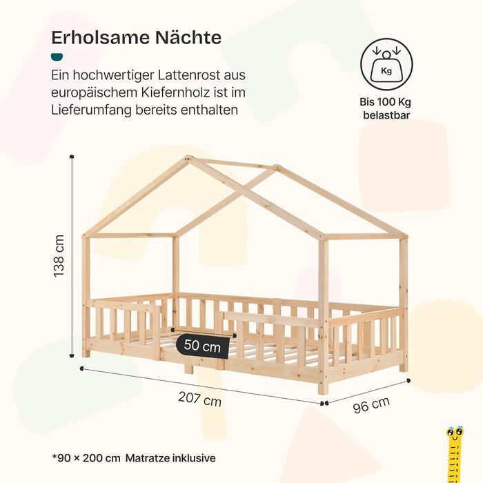 Дерев'яне ліжко-дитяче Treviolo від en.casa: ліжко-хаузмайстер з захистом від падіння, ламелі, монтессорі, для дітей, біле, з матрацом