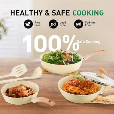 Набір посуду MAISON ARTS 12 предметів: каструлі та сковорідки з антипригарним покриттям, гранітне покриття, для плити та індукції, бежевий