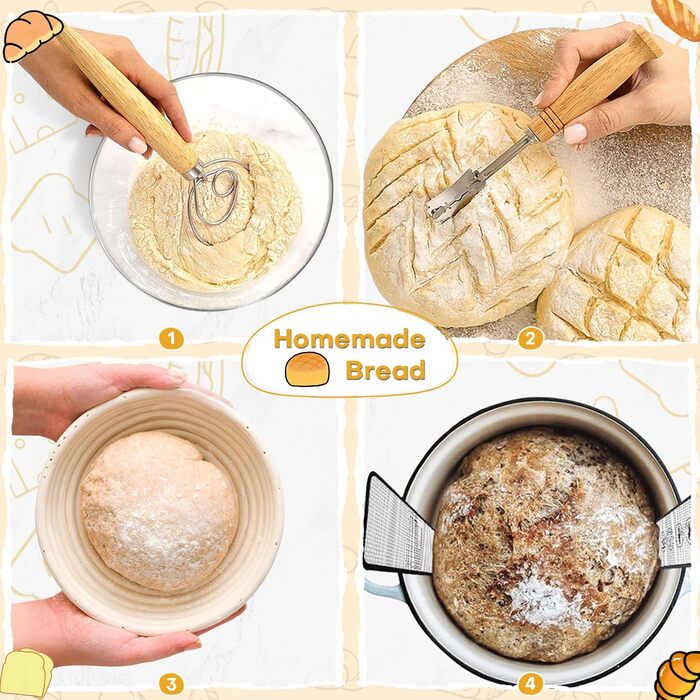 Набір для приготування закваски: кошик для бродіння (Banneton), скляна тара, ніж для хліба (Bread Lame), скребок для тіста, скребок-лопатка та силіконовий хлібний гребінець
