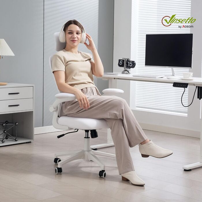 Офісне крісло Vinsetto з високою спинкою, сітчаста тканина, комп'ютерне крісло з обертовою підголівником, 4D підтримка попереку, підйомні підлокітники, регульована висота, білий колір