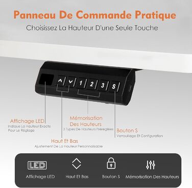 Електричний регульований стіл Pachira 120x60 см з пам'яттю та LED-дисплеєм, з гачками та кабелеуправлінням, ергономічний для дому/офісу, білий