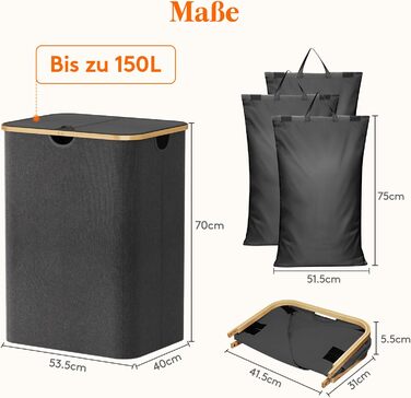 Кошик для білизни Lifewit 150L з кришкою, сортувальник для білизни з 3 відділеннями, велика коробка для білизни, сірий