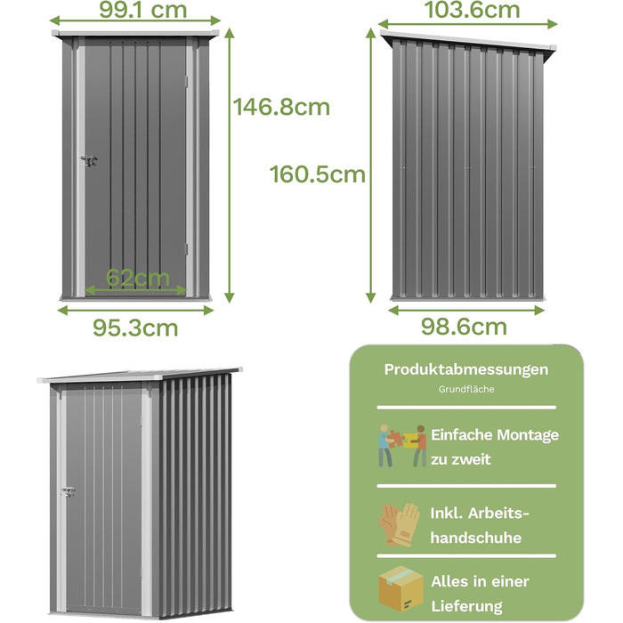 Сарай для інструментів Devoko Metall Gerätehaus 96x98x160 см, сталевий, з похилим дахом, сірий. З рукавичками, замикається.