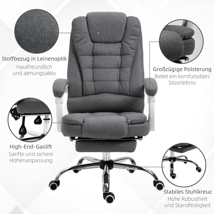 Ергономічний стілець Vinsetto Office Chair зі складною підставкою для ніг, регулюється по висоті та нахиляється, метал сірий для комфорту в домашньому офісі