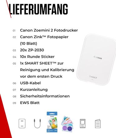 Canon Zoemini 2 Perlweiß: Міні-фотопринтер для смартфонів та планшетів | Модель для подорожей | Комплект друку