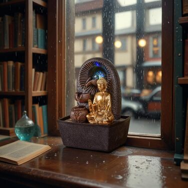 Джерело води Zen'Light від Zimmerbrunnen з Буддою та LED-підсвічуванням. Сучасна декорація для медитації та релаксації. Об'єкт Фен-Шуй, висота 26 см, колір горіх (Bhava)