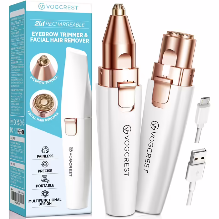 VG VOGCREST Тример для брів і обличчя 2 в 1, акумуляторний, безболісна жіноча машинка для видалення волосся з підсвіткою LED, для обличчя, губ і тіла, білий