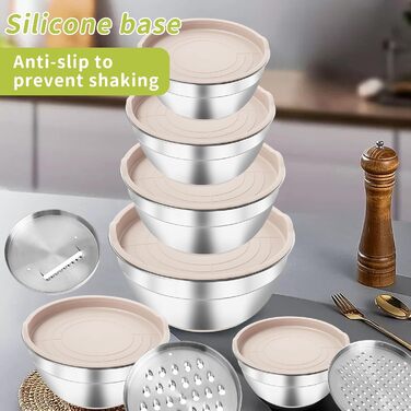 Набір міксерів YlYADl (31 предмет) - 6 нержавіючої сталі миски з кришкою та силіконовим дном (0.8-2.9L), стекові, 3 насадки-тертки