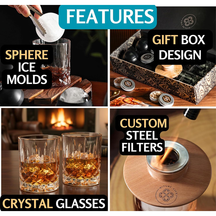 Набір для копчення віскі - Копчення коктейлів з факелом, 2 склянки віскі, 2 форми для льоду, 6 смаків тирси - Набір для копчення бурбону Old Fashioned - Подарунок для любителів бурбону
