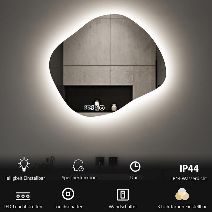 Дзеркало для ванної кімнати з підсвічуванням та годинником Boromal 50x70 см, 3 кольори світла, диммування, LED, сенсорне управління