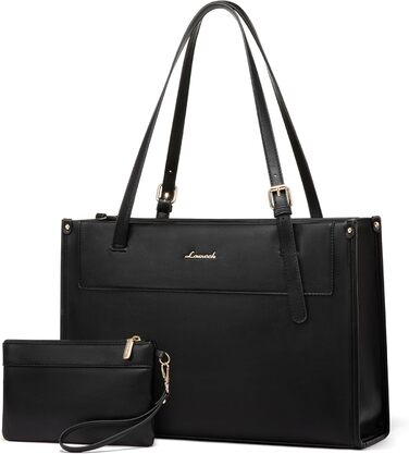 LOVEVOOK Сумка для ноутбука 15.6 дюймів, жіноча, велика, водонепроникна, сумка-шоппер, ділова, з PU шкіри, для офісу, навчання, чорна
