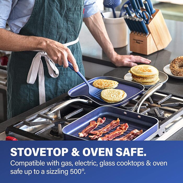 Сковорода-гриль Granitestone Blue з антипригарним покриттям, 26.7 см, з алмазною інфузією, канавки для зливу жиру, не нагрівається, ручка з нержавіючої сталі, придатна для духовки та мийки, 100% PFOA-free