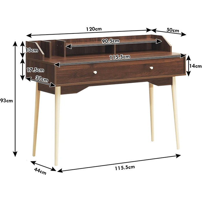 Настільний комп'ютерний стіл COSTWAY з висувною шухлядою, офісний стіл з масиву дерева 110 см, консольний стіл для робочої станції ПК для кабінету, офісу та вітальні (коричневий)
