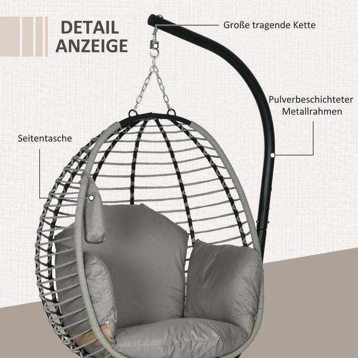 Підвісне крісло-гойдалка з подушками для сидіння та спини, складаний кошик, підсклянник, металевий каркас, сірий колір