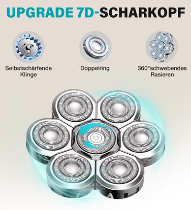 Водонепроникна бритва для голови для лисих чоловіків, волога та суха бритва для бритви Bald, з 7 обертовими бритвами, акумуляторна лиса бритва (срібло, лише змінна головка), 7