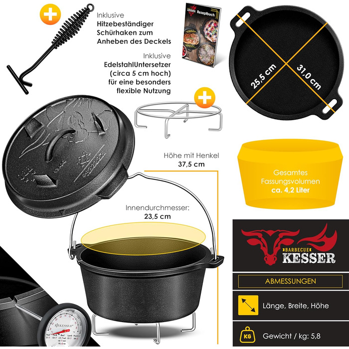Набір голландських казанів KESSER® BBQ: голландський казан, посуд для приготування на грилі, котел для гуляшу, чавунний посуд з кришкою та термометром (4.2 л)
