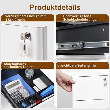 Роликовий контейнер HOMSTEEL з замком, 3 висувні ящики, стіл для принтера, білий, 46x30x54 см