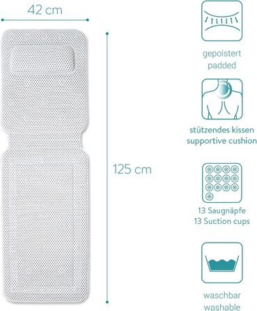 Набір для ванни Navaris: килимок та подушка для ванни - 125x42 см, білий