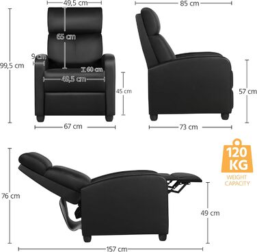 Крісло-релакс Yaheetech з регульованим нахилом, чорне, для вітальні, спальні, домашнього кінотеатру, штучна шкіра