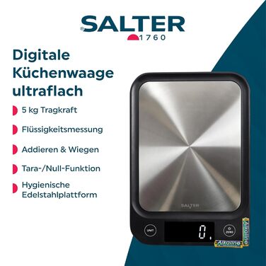 Кухонні ваги Salter 1068 SSBKDR: цифрова вага з нержавіючої сталі, 5 кг, функція тарування, вимірювання рідин (мл/fl.oz), LCD-дисплей, чорний колір, стильний дизайн, легко очищаються