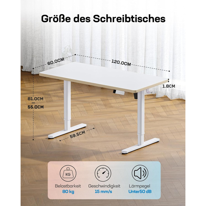 Електричний дитячий стіл HUANUO, 120 x 60 см, регулювання висоти, 3 рівня, білий