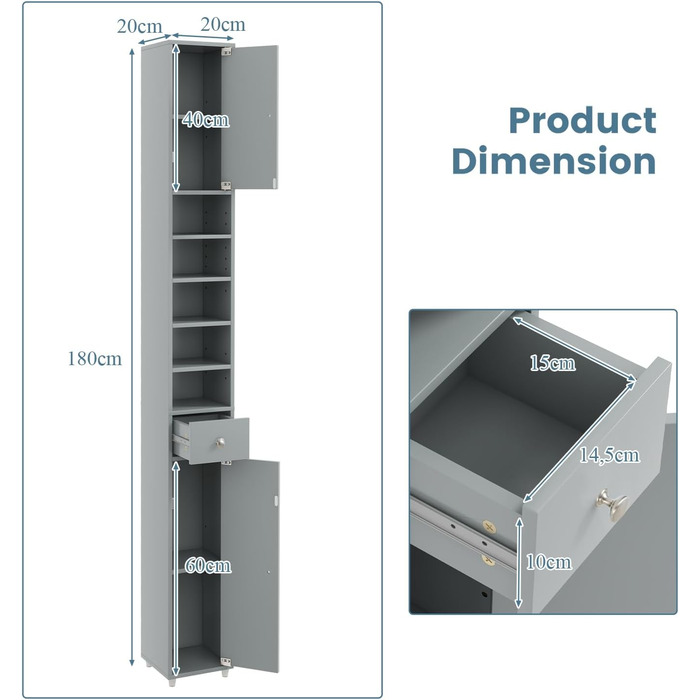 Висока шафа 180 см, вузька тумба для ванної кімнати з відділеннями та ящиком, регульовані полиці (сірий)