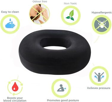 Подушка сидіння з піни з ефектом пам'яті Ecosafeter Donut для полегшення геморою та болю в спині (чорна)