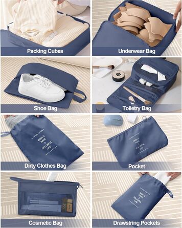 Набір органайзерів для подорожей Anjing (10 предметів), водонепроникні пакувальні куби для валізи, компактний набір для зберігання речей у дорогу, темно-синій