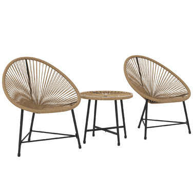 Набір садових меблів на 3 місця: 2 крісла з ротангу, стіл зі скляною стільницею, сталевий каркас. Меблі для відпочинку на відкритому повітрі, світло-коричневого кольору.