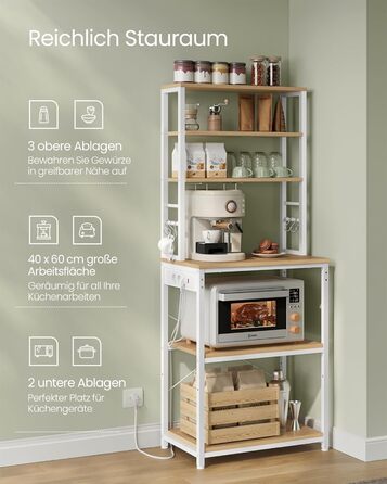 Стелаж кухонний VASAGLE з розетками, 6 полиць, гачки, сталевий каркас, 40 x 80 x 167 см, вінтажний колір