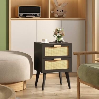 Журнальний столик з ротангу, чорний колір, з 2 висувними ящиками, стиль бохо, для вітальні та спальні