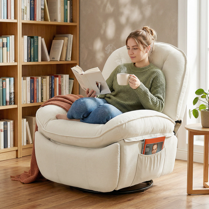 Крісло-гойдалка розкішне, поворотне, з глибокою посадкою та товстою спинкою, просте в збірці, кремового кольору