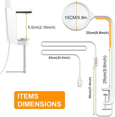 Затискна, настільна лампа з регулюванням яскравості 8 кольорових режимів, лампа денного світла настільна офісна, лампа для монітора, офісна лампа для дому, студії, 12 Вт, 1400 лм (біла)
