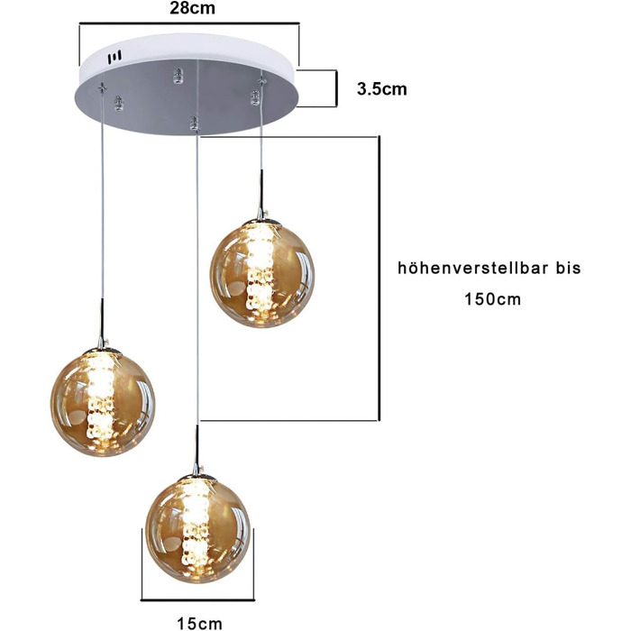 Регульований по висоті підвісний світильник з 3 світловими елементами з бурштинового скла для їдальні, кухні, вітальні