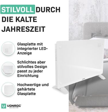 Електричний конвекторний обігрівач VONROC 2000W - для кімнат до 24м² - настінний/підлоговий монтаж - ручне/APP керування, білий