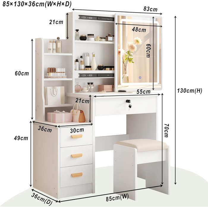 Дзеркальний туалетний столик DATO з LED-підсвічуванням, 3 колірні температури та регулюванням яскравості, з пуфом, 5 шухляд та 3 полиці, розсувний дзеркало