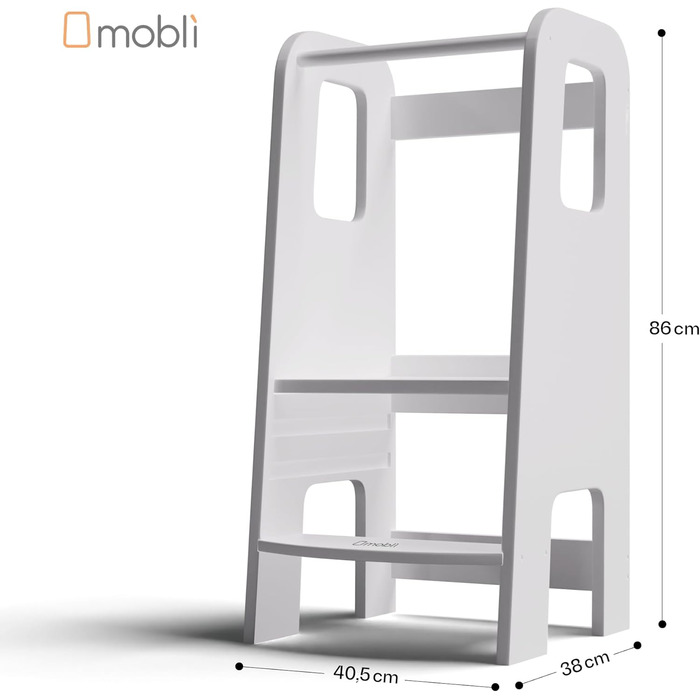 Стілець-сходинка Montessori Mobli для малюків: регульовані сходинки з березової фанери, білий колір
